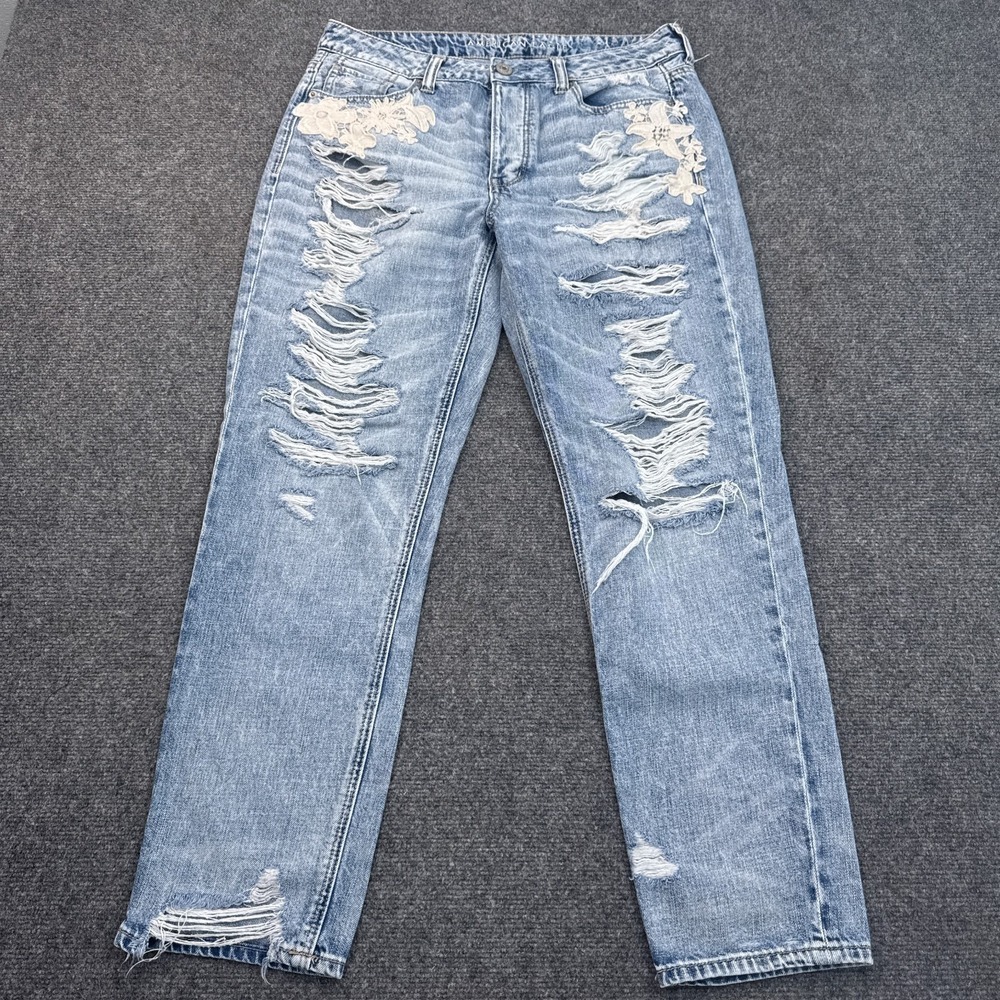 American Eagle Hi Rise Tomgirl Jeans Womens Size 10 Reg Floral Distressed Blue